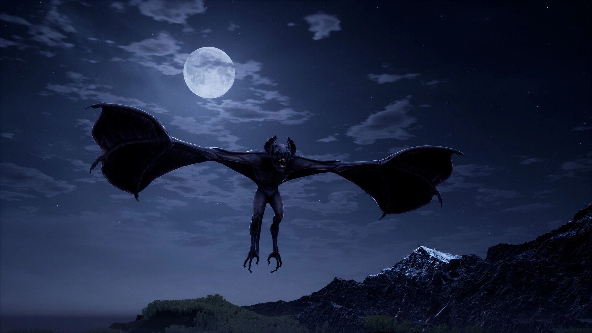 Vampires: Flying vampire bat under full moon in a dark mountainous landscape with cloudy sky