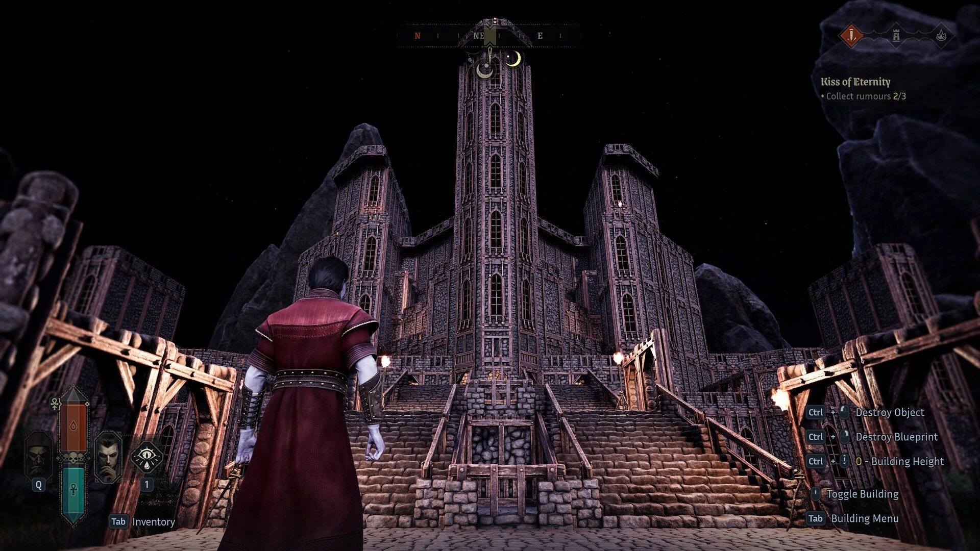 Vampires: Character in red robe stands in dimly lit stone hallway with torches on walls