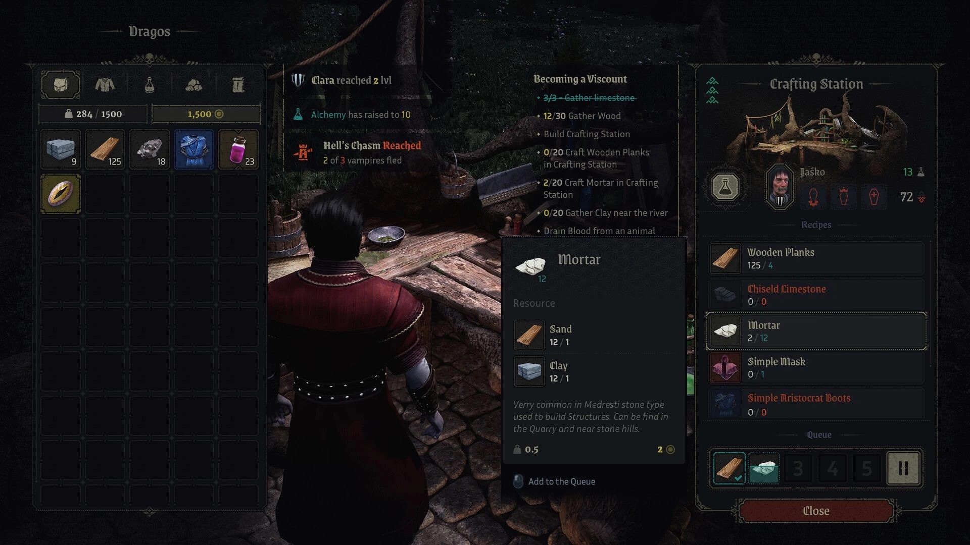 Vampires: Player crafting mortars at crafting station with inventory and quest progress displayed