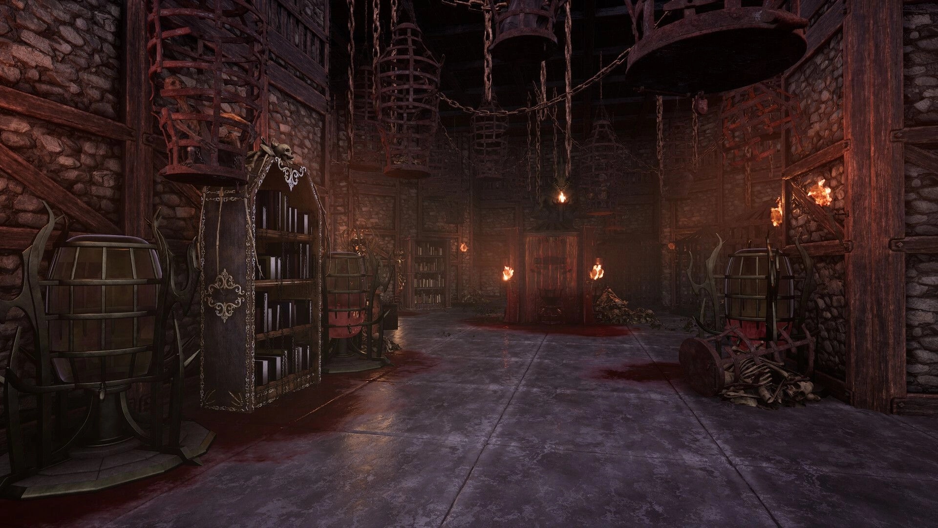 Vampires: Dimly lit dungeon with hanging cages, torches, and bloodstained stone floors in a gothic castle.