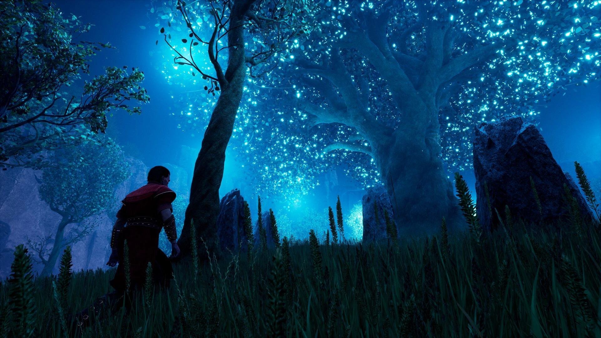 Vampires: Character exploring mystical forest with glowing trees in a moonlit night setting