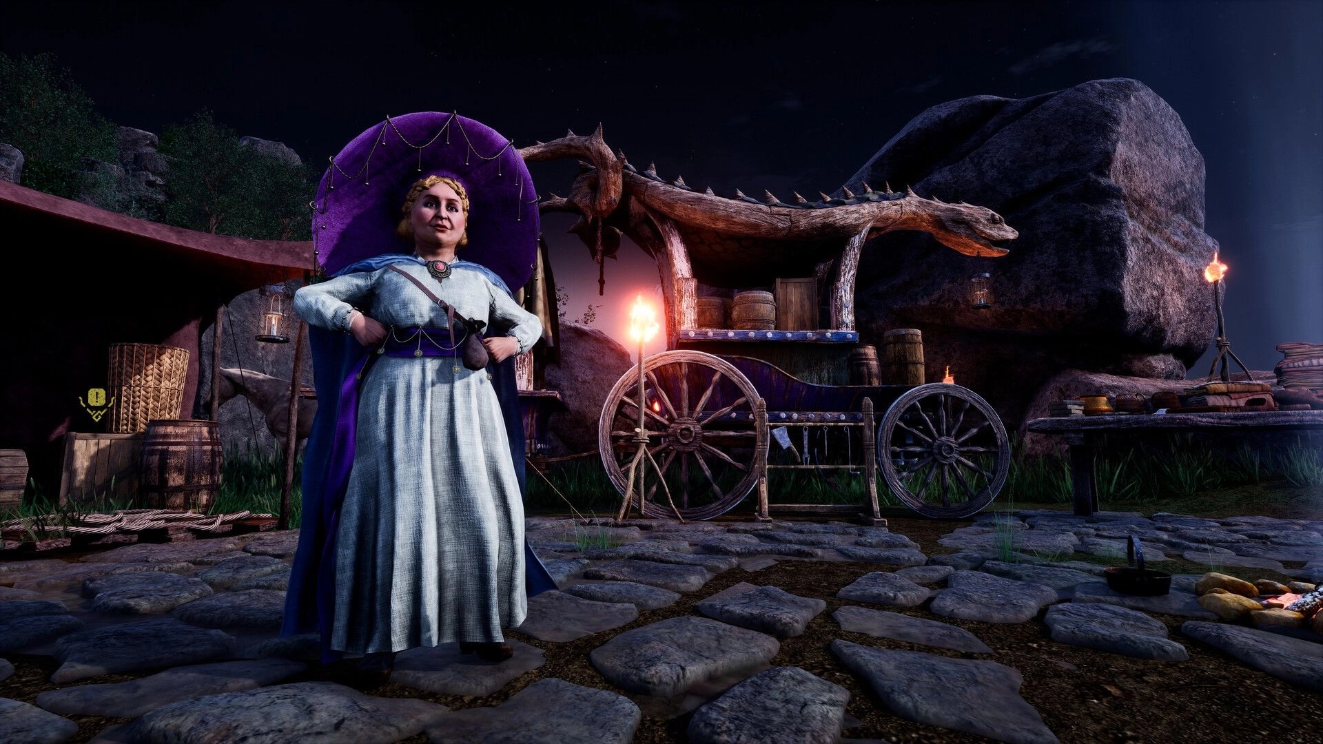 Vampires: Merchant woman standing by a dragon-themed cart at night in a rocky, torch-lit camp.