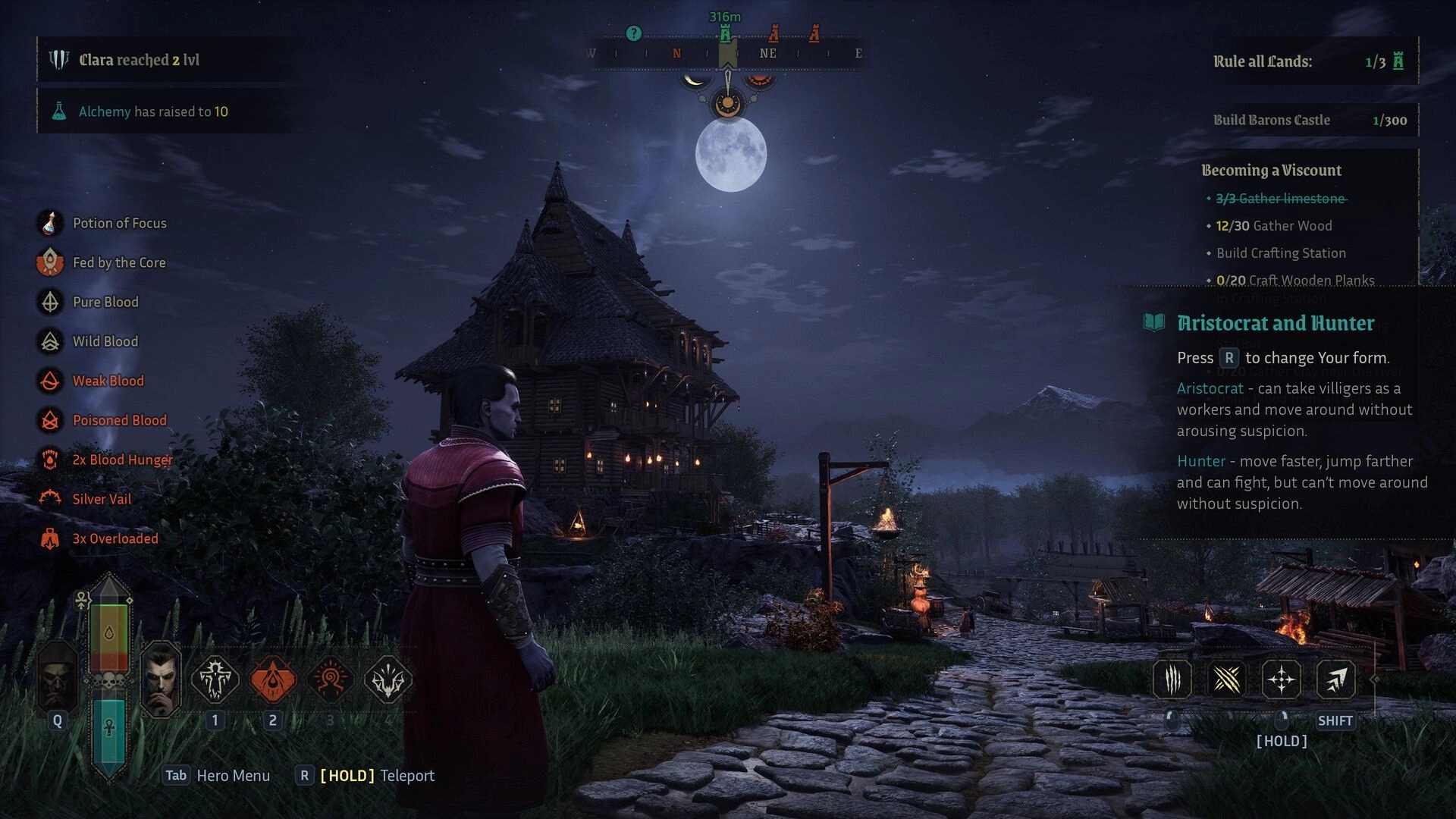 Vampires: Character in red robes stands by a moonlit path, options for blood abilities visible on screen