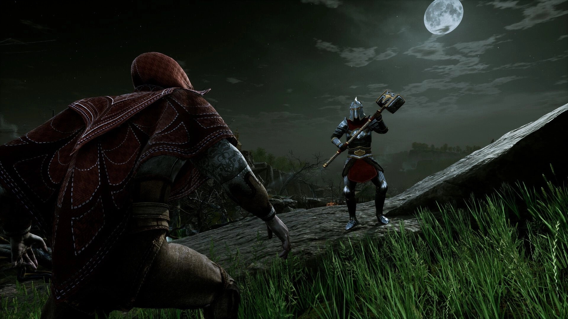 Vampires: Vampire confronts armored knight on moonlit hillside in tense standoff under a full moon