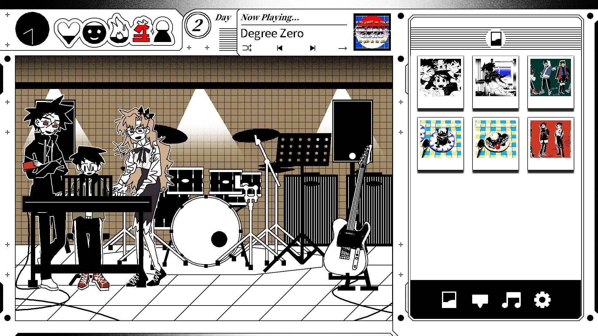 VANDALISM101: Three characters by a keyboard in music room, photo gallery UI and song player visible.