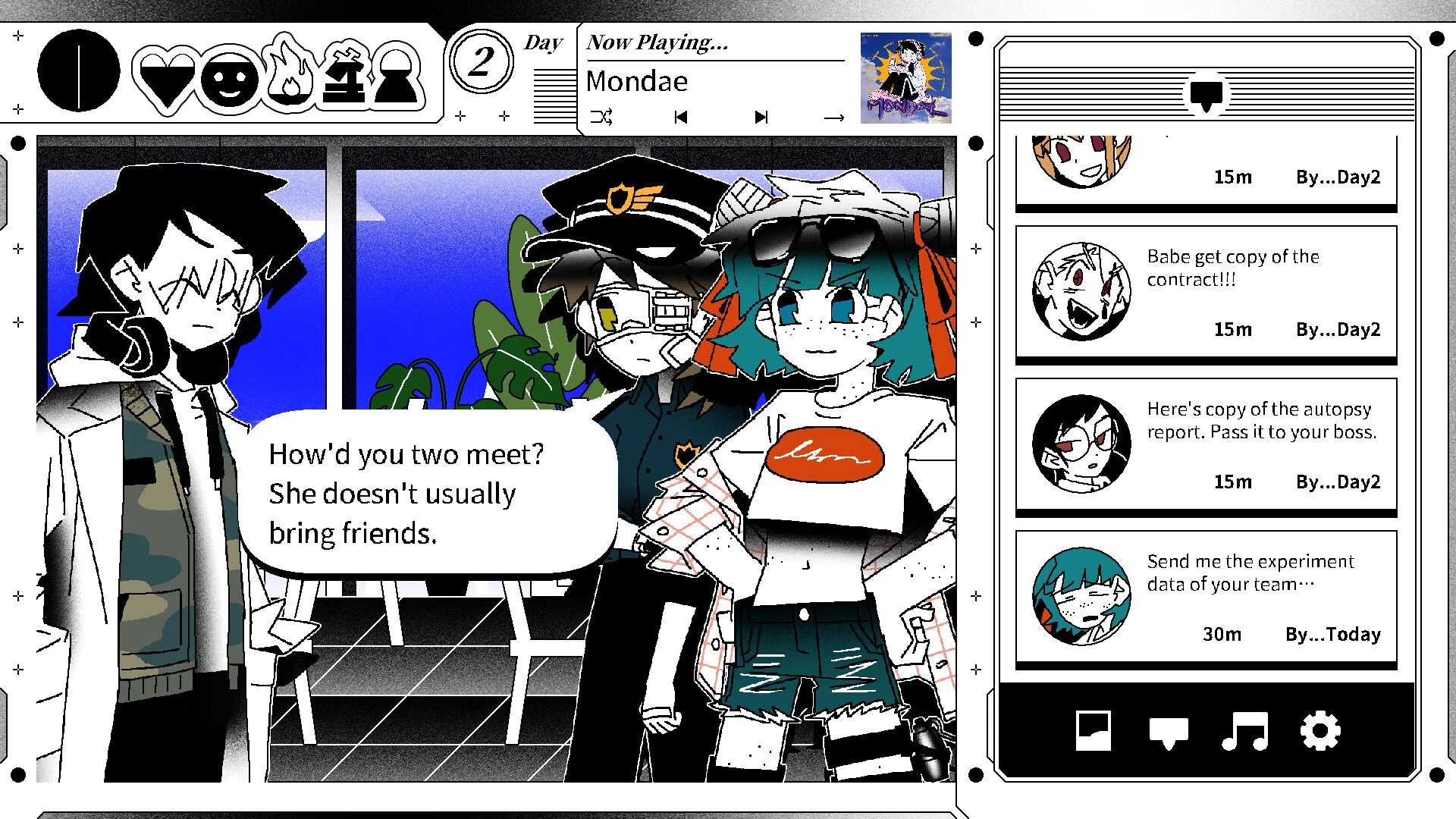 VANDALISM101: Dialogue scene with three characters in lab, plus phone message feed and icons UI.