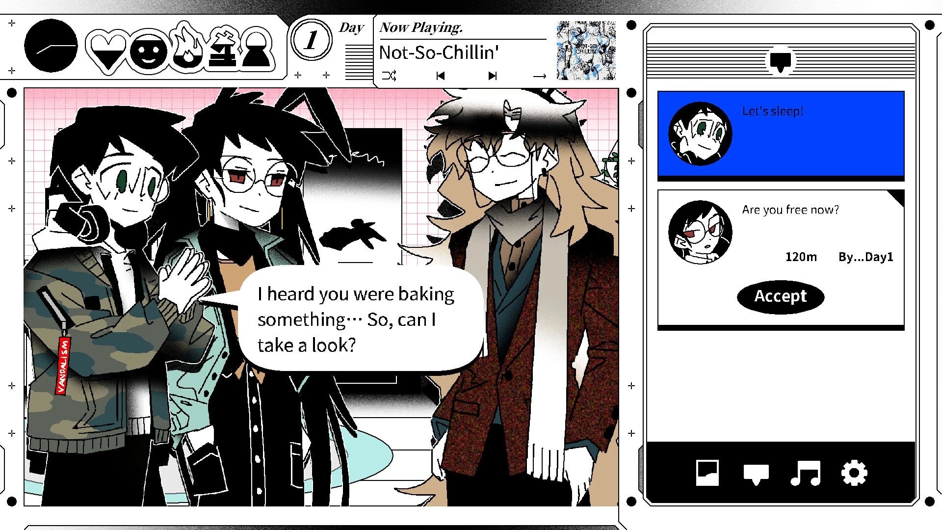 VANDALISM101: Three characters in dialogue scene with phone messages and Accept button on right UI panel.