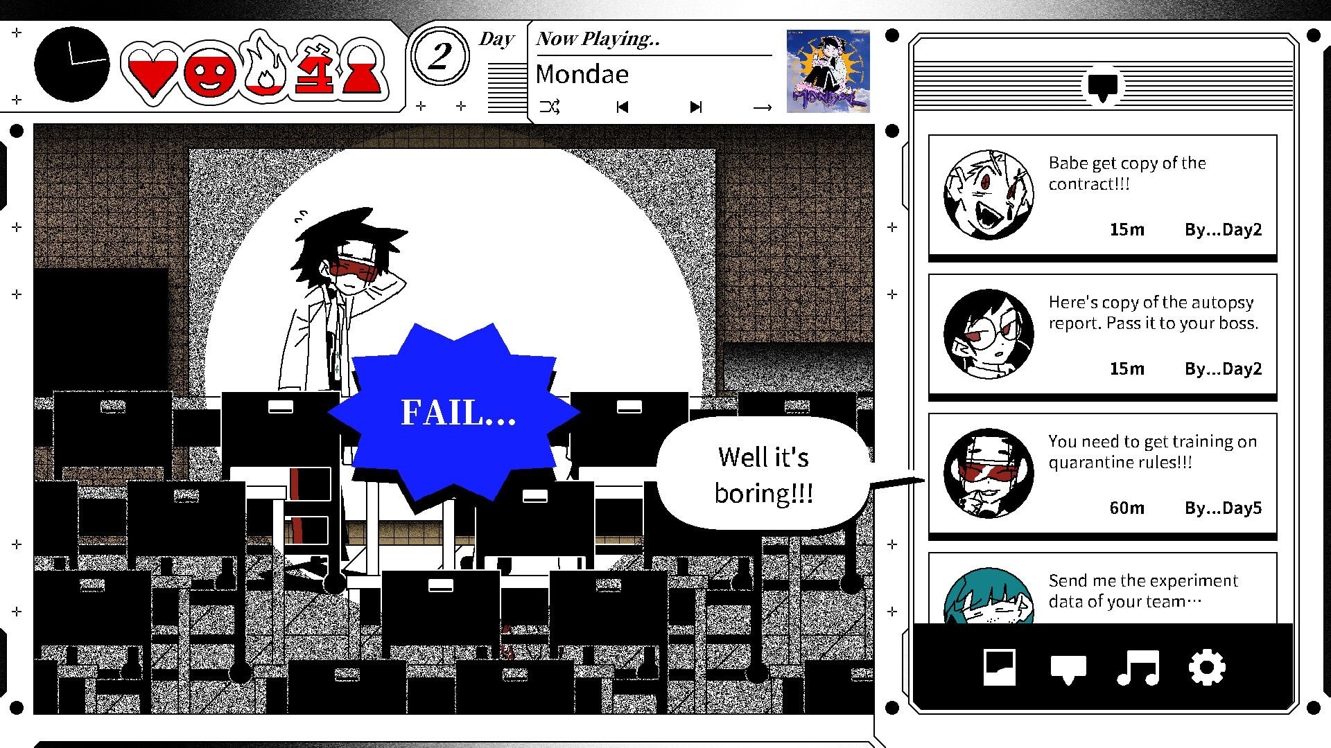 VANDALISM101: Office scene with lab worker and FAIL pop-up, chat feed and music player UI on right.