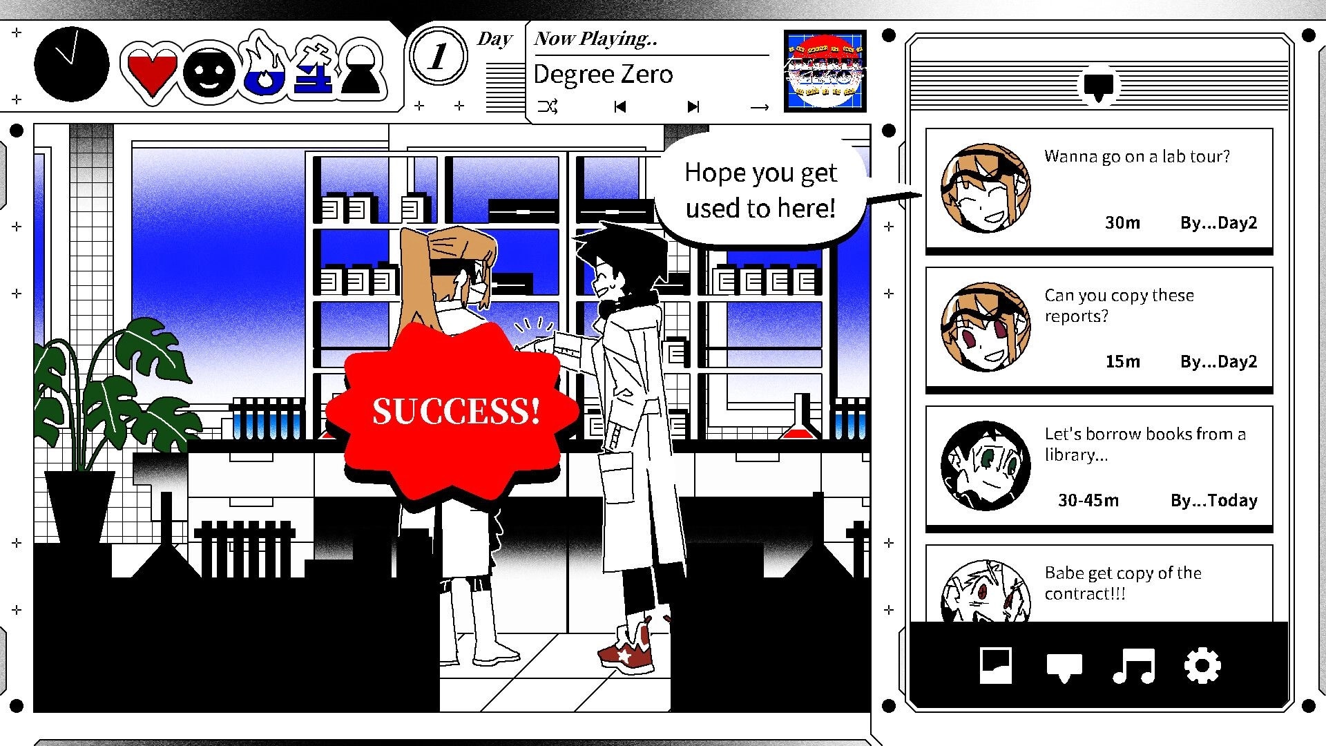 VANDALISM101: SUCCESS pop-up as two lab workers talk in office, task list panel on right UI.