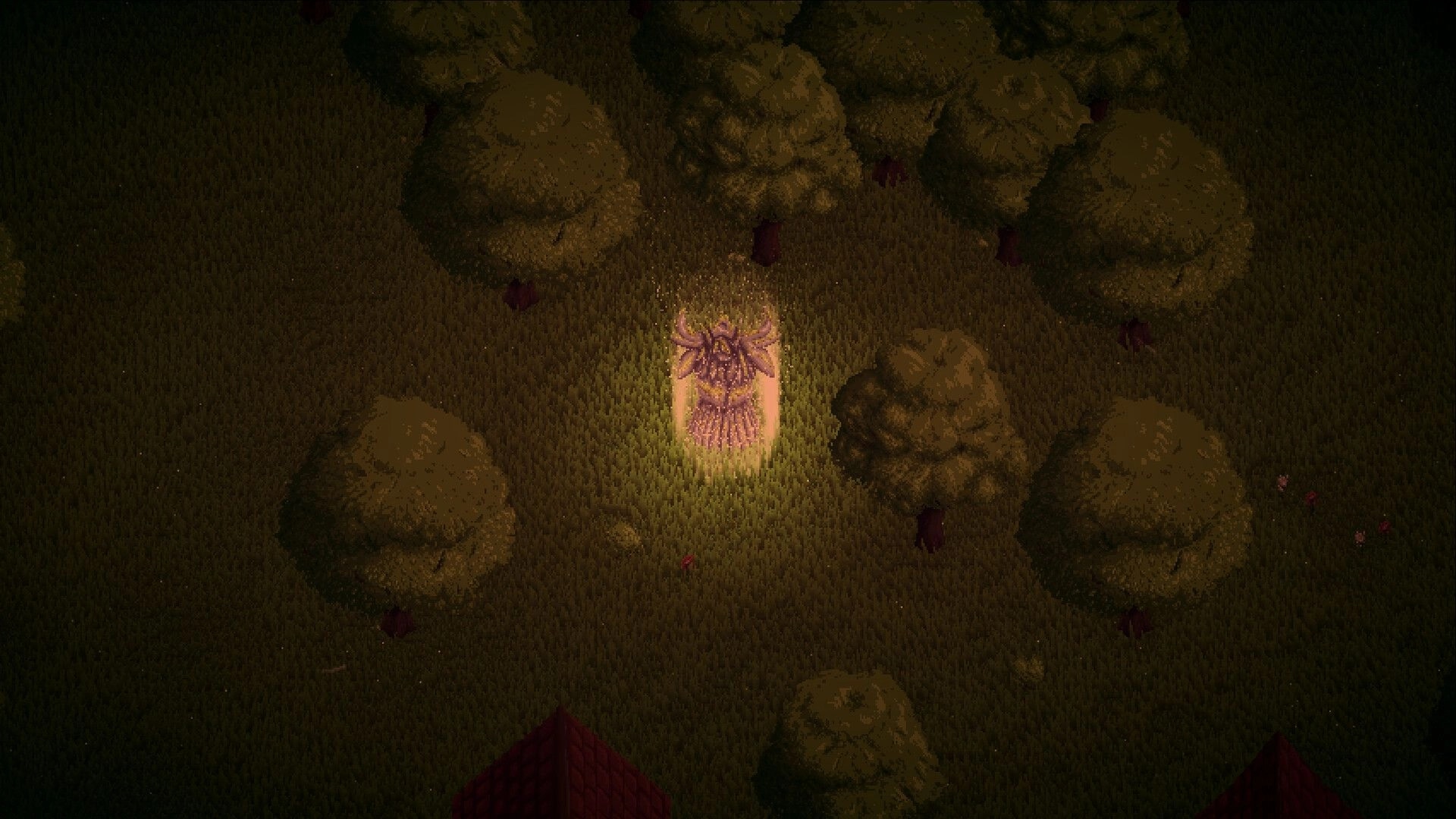Vanguard Valiants: Glowing purple banner or shrine in tall grass clearing surrounded by dense trees at dusk.