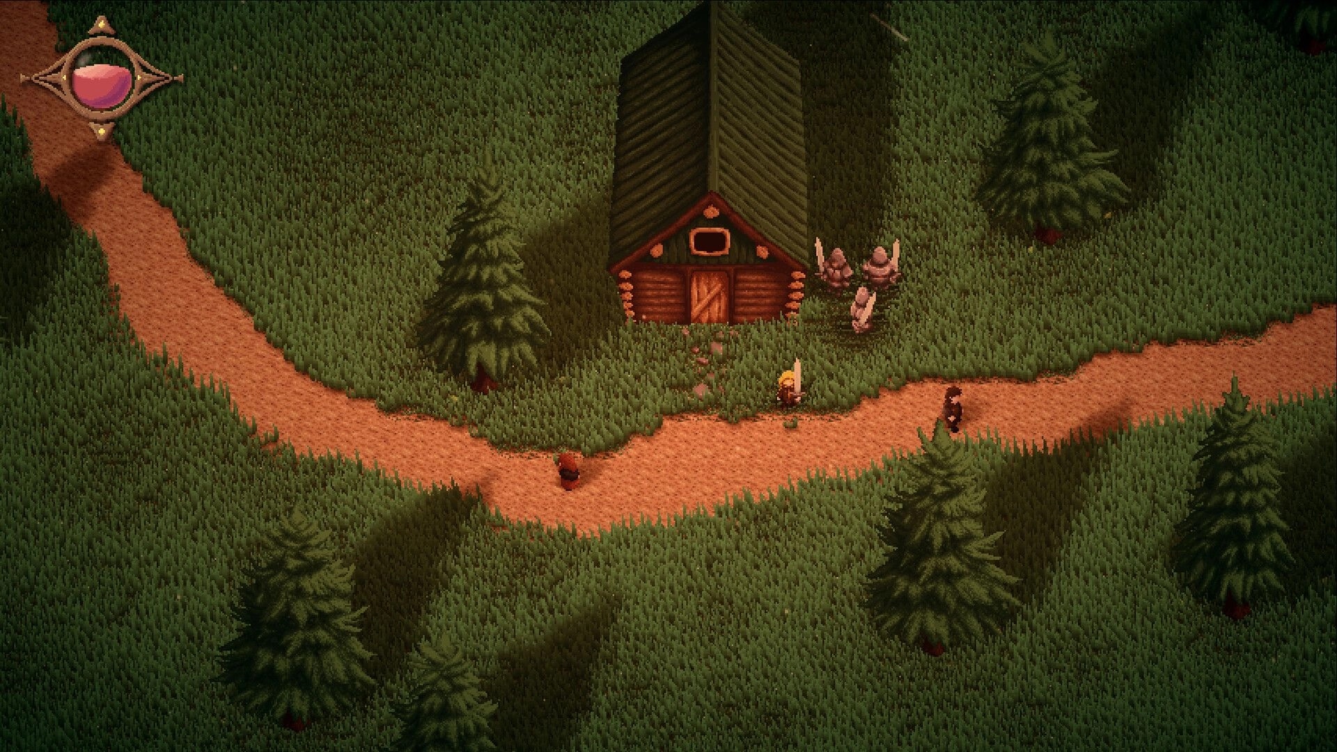 Vanguard Valiants: Three soldiers approach a cabin by a dirt crossroads in a grassy forest map.