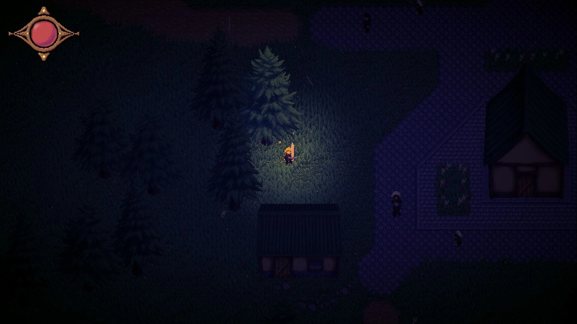 Vanguard Valiants: Lone unit with a banner in moonlit grass near pine trees and village road UI icon.