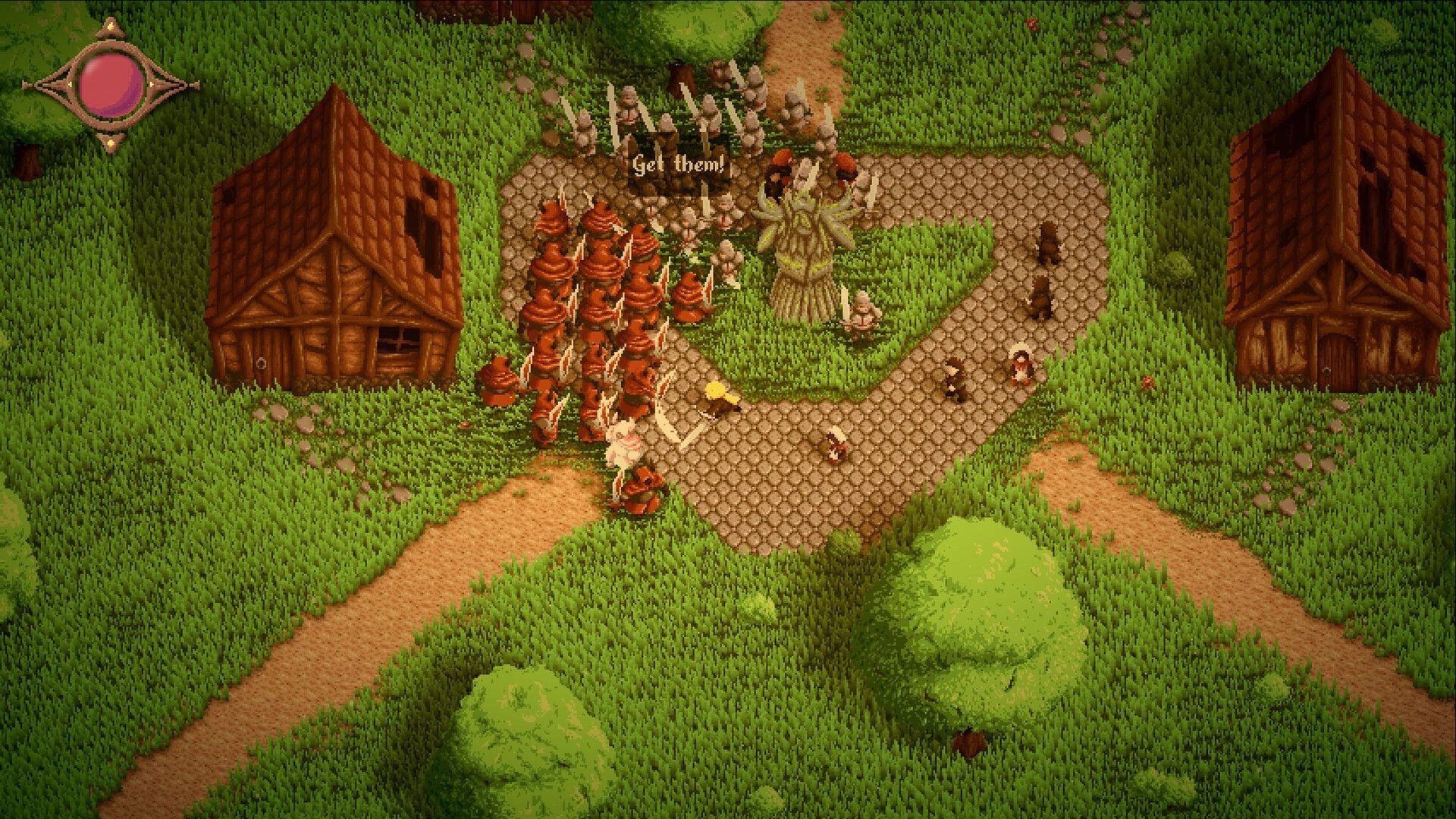 Vanguard Valiants: Red-cloaked soldiers mass by a scarecrow as “Get them!” appears in village square.