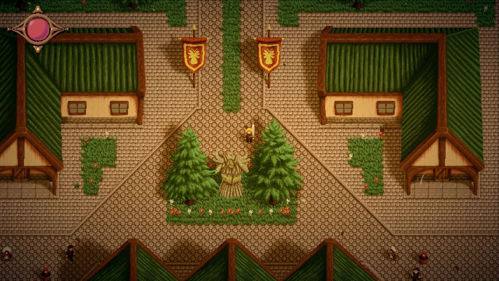 Vanguard Valiants: Hero stands by a statue and banners in a cobblestone town square UI view.