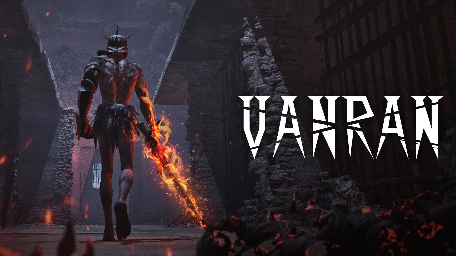 VANRAN: Armored warrior holding a flaming sword in a ruined stone corridor with VANRAN logo overlay.