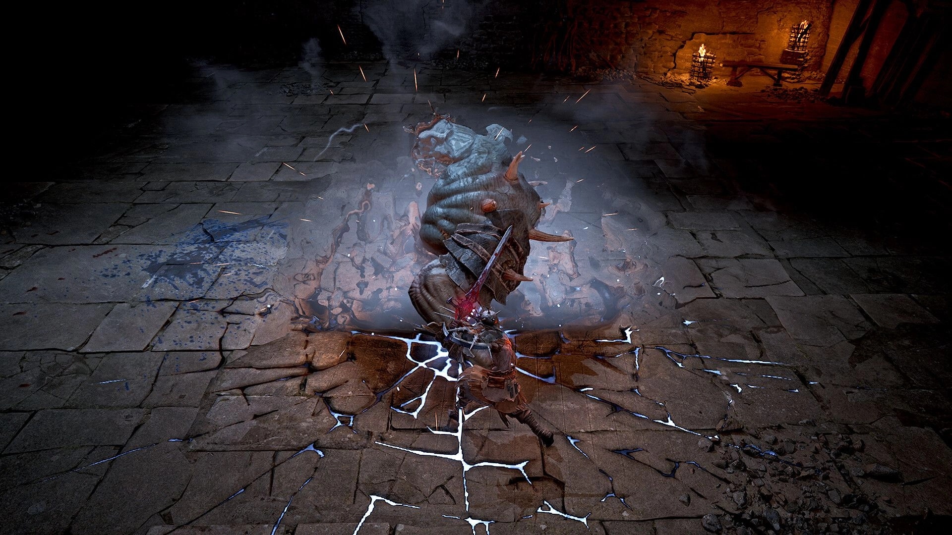VANRAN: Warrior strikes a hulking slug demon amid lightning cracks in a torchlit stone dungeon arena.