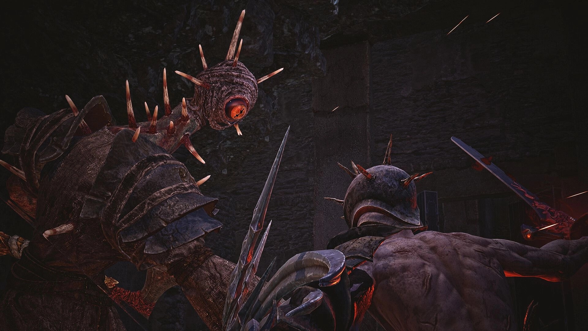 VANRAN: Close-up melee clash with spiked armored demon and horned warrior in dark stone arena.