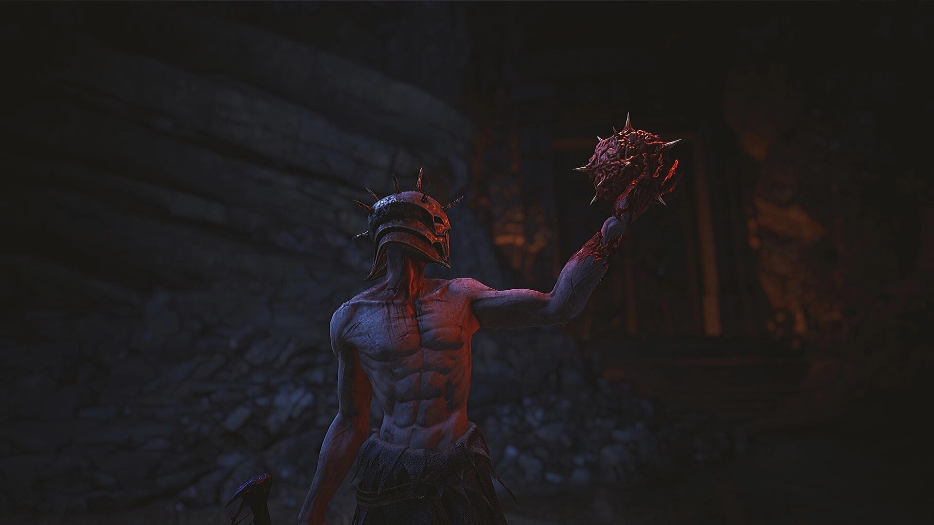 VANRAN: Bare-chested warrior in spiked helm raises a thorny mace in a shadowy cave corridor.