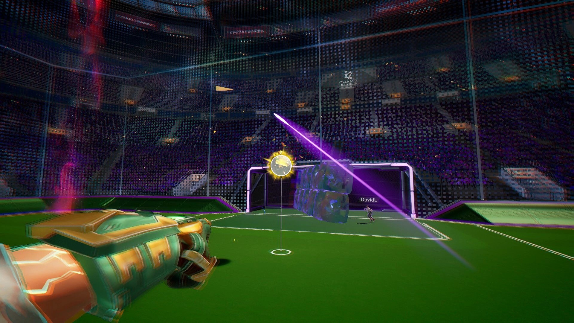 Vector Strike: Player aims energy weapon at target in futuristic arena with glowing effects and goalposts.