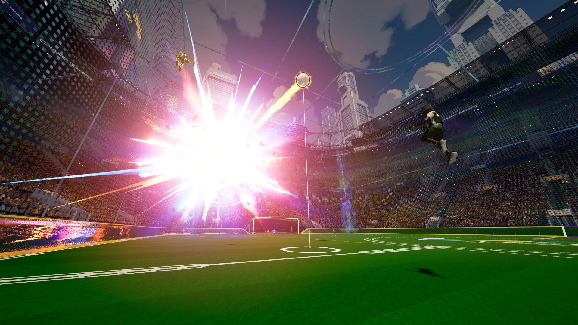 Vector Strike: Player leaps towards exploding ball in futuristic stadium with towering cityscape views