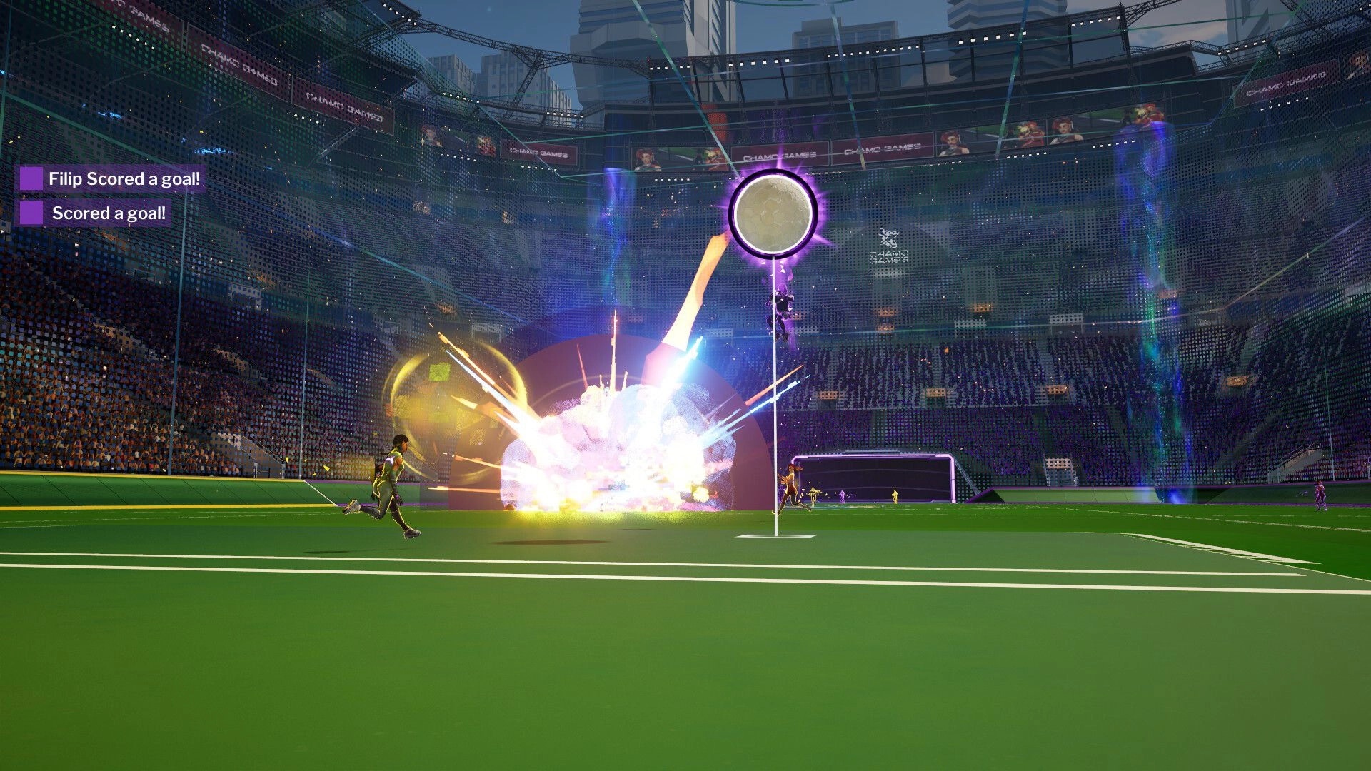 Vector Strike: Player scoring a goal with explosive effects in a futuristic stadium arena