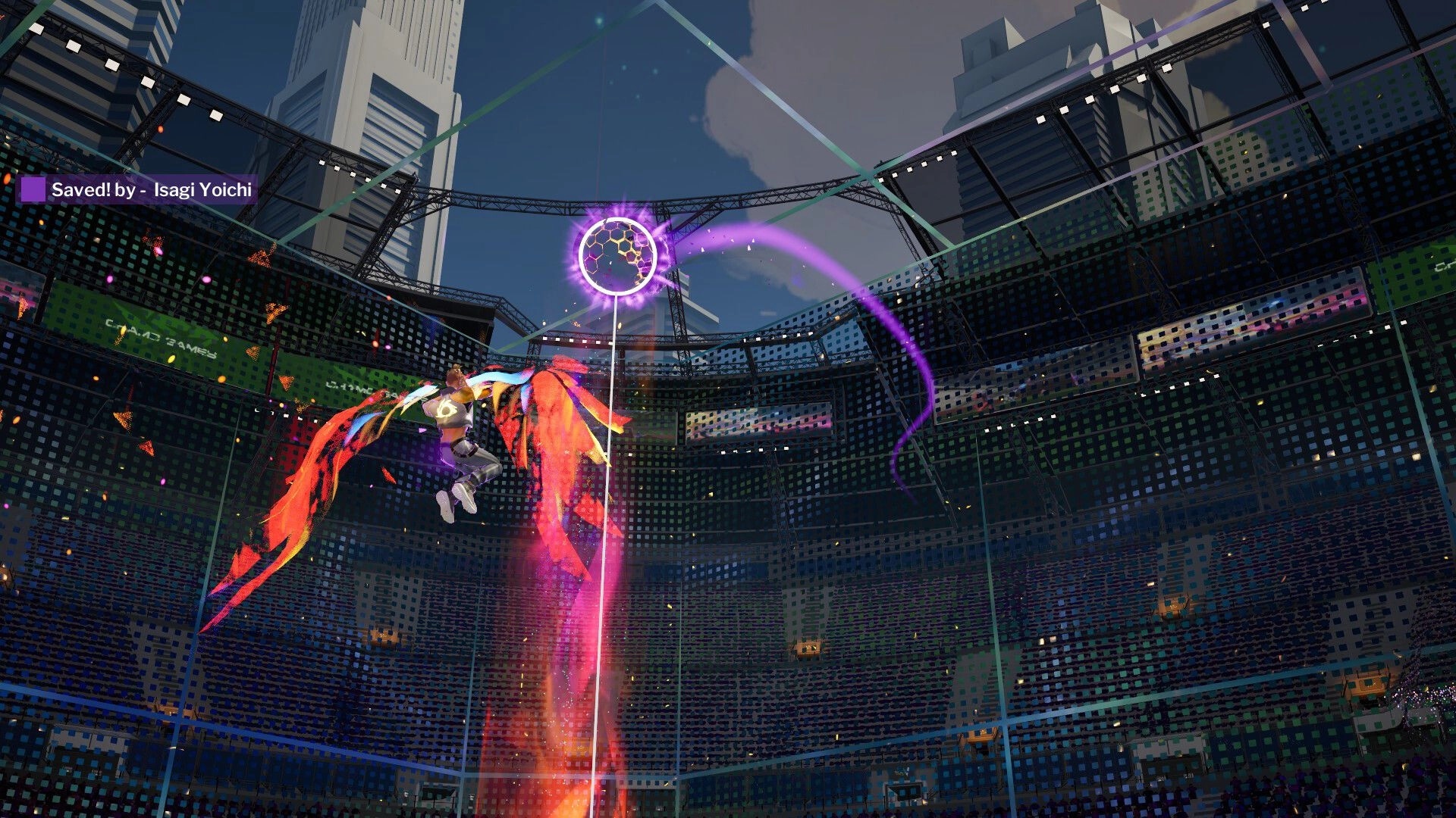 Vector Strike: Isagi Yoichi saves goal in futuristic arena with vibrant, holographic effects overhead