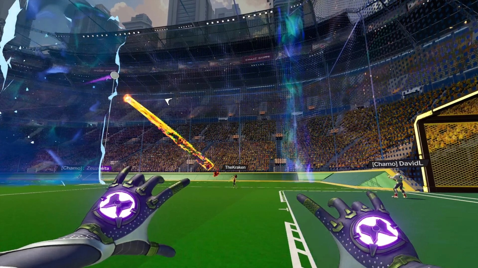 Vector Strike: First-person view with glowing gloves in futuristic stadium, aiming a fiery projectile.