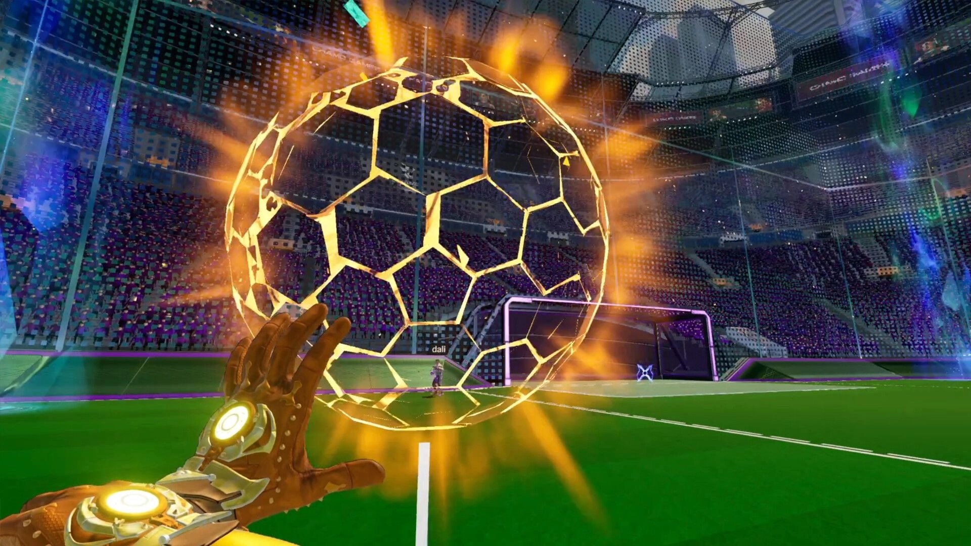 Vector Strike: Player with glowing glove charges fiery ball in futuristic soccer stadium arena