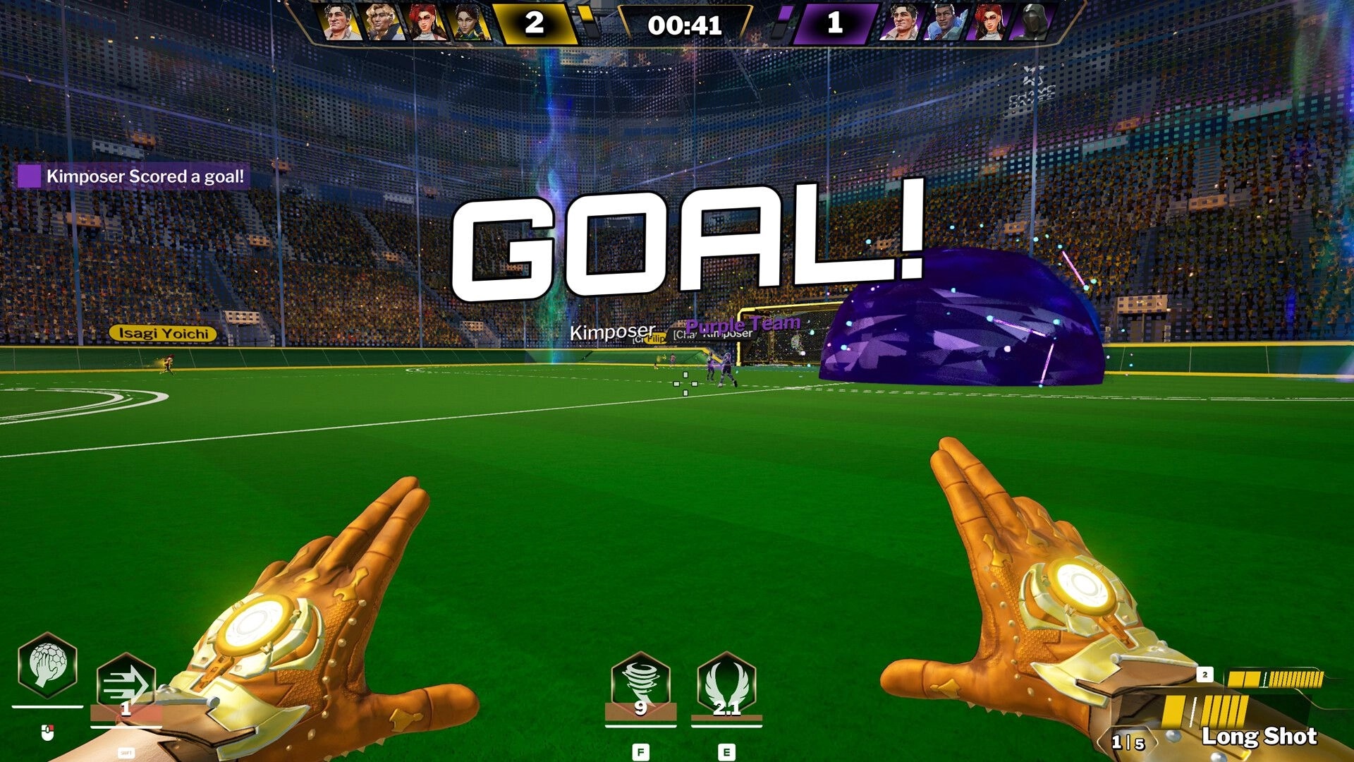 Vector Strike: First-person goal celebration in futuristic stadium with score display and UI elements.