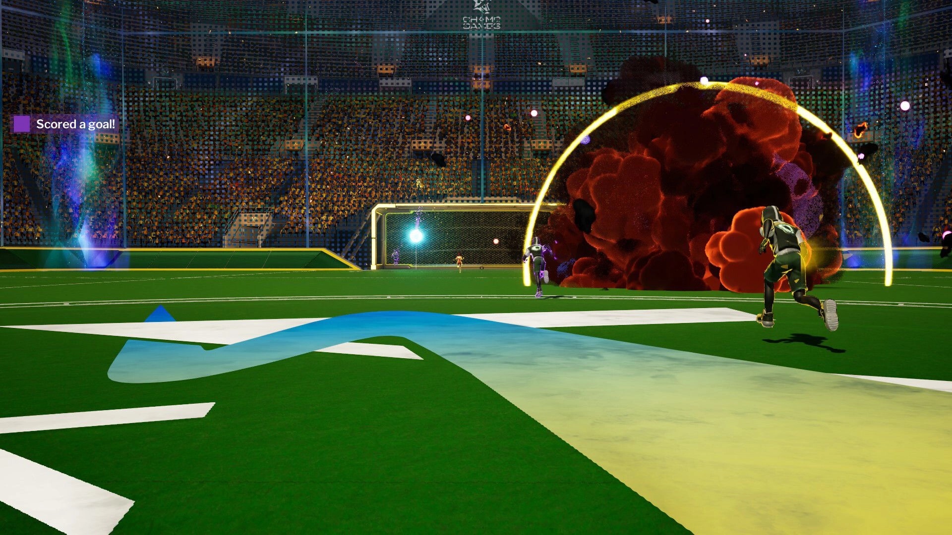 Vector Strike: Player scores a goal in futuristic arena with explosion effect and cheering crowd