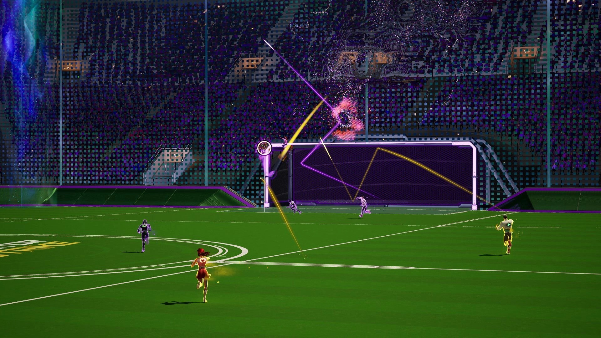 Vector Strike: Players in futuristic sports arena, aiming at goal with colorful trajectory lines