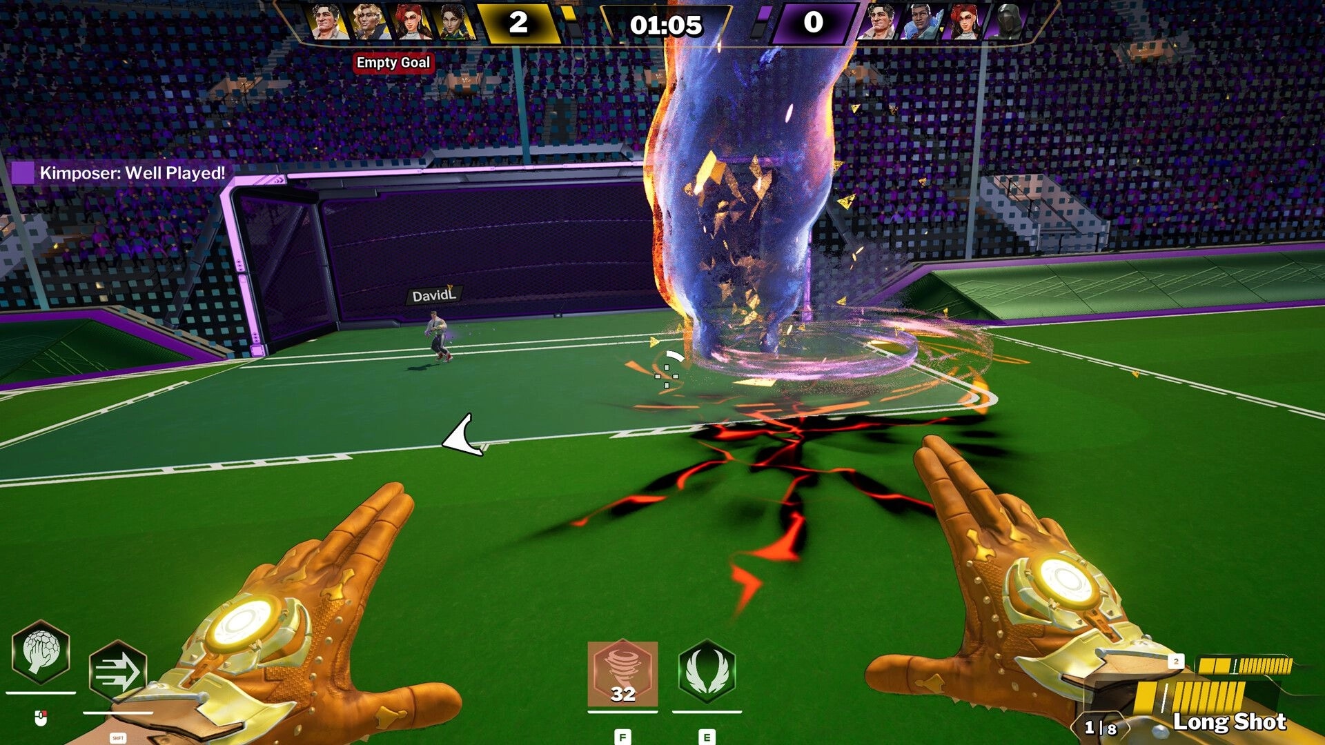 Vector Strike: Player aiming a special attack at goal with glowing gloves in futuristic stadium arena