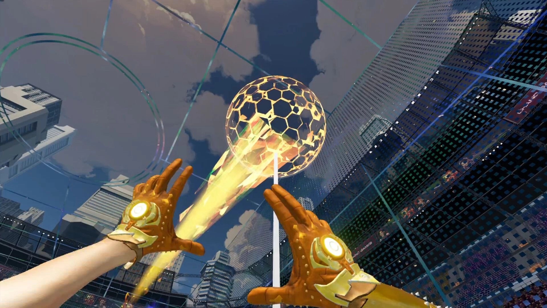 Vector Strike: Player uses golden gloves to launch glowing ball in futuristic arena with skyscrapers overhead