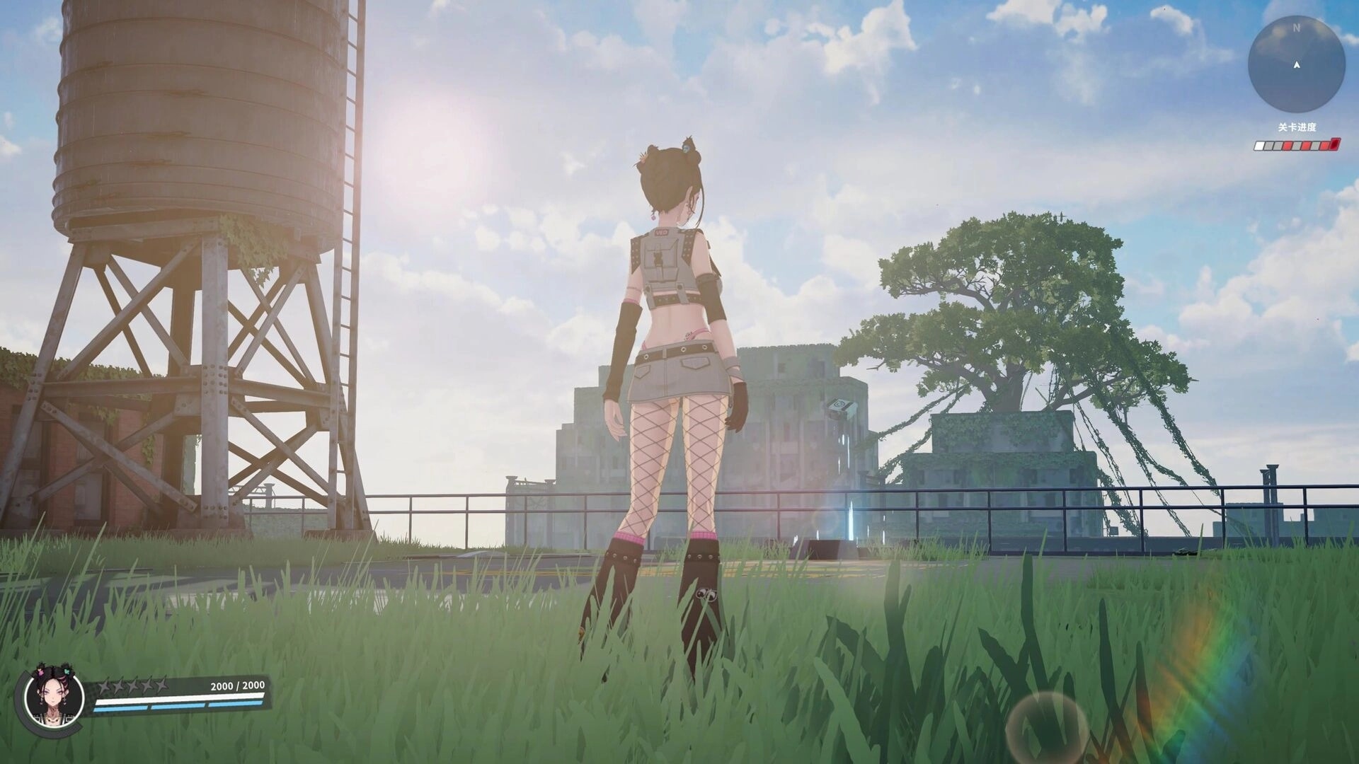 Ved: Character in field near water tower, distant ruined buildings and large tree in bright sunlight