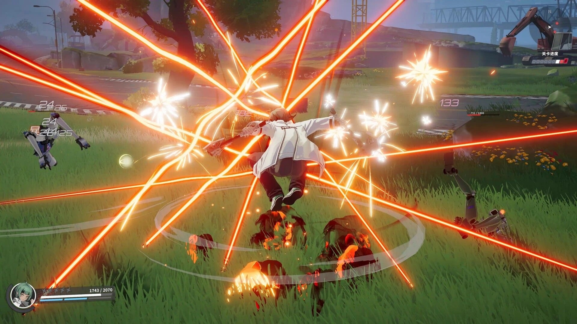 Ved: Player unleashing explosive attack surrounded by robots in grassy battlefield setting
