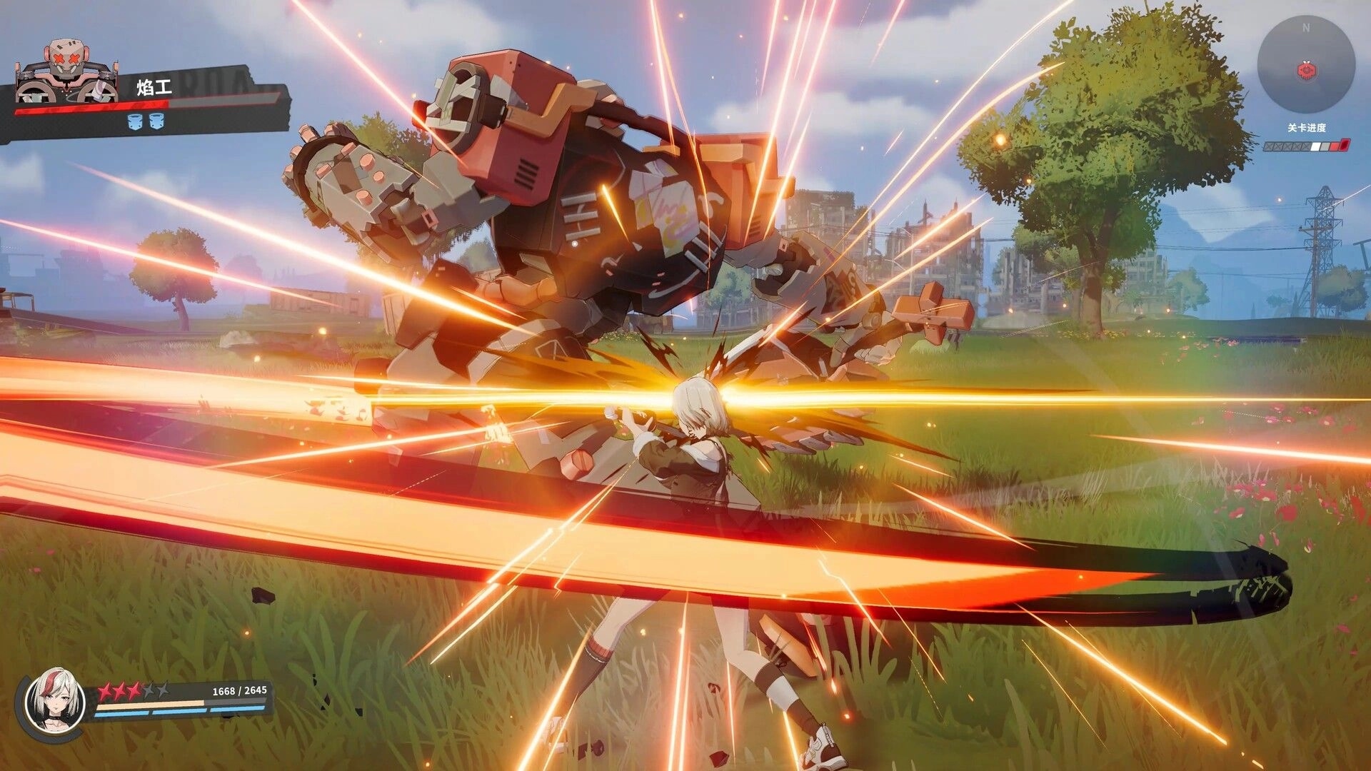 Ved: Dynamic combat scene with a character attacking a large robot in a grassy field environment.