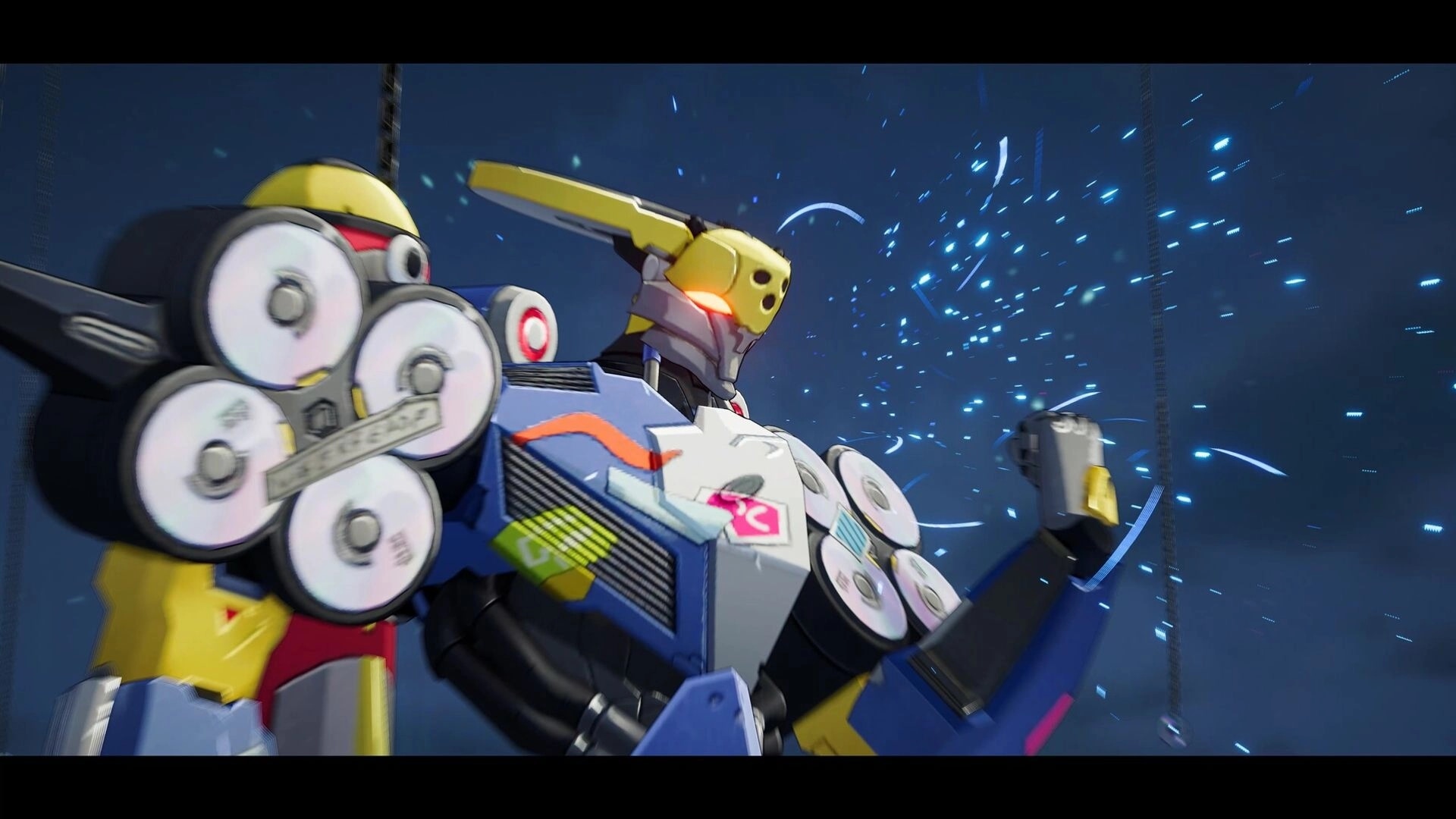 Ved: Colorful robot character with glowing eyes stands amidst swirling blue particles in a nighttime setting.
