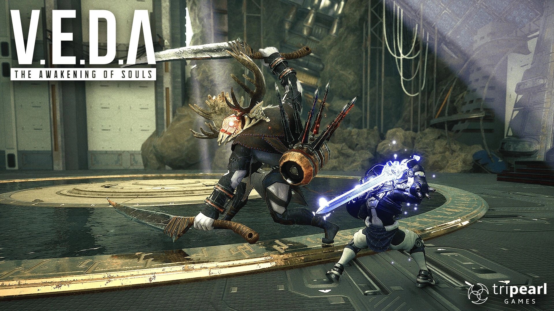 V.E.D.A: Intense combat between armored protagonist and beast-like enemy in futuristic arena setting