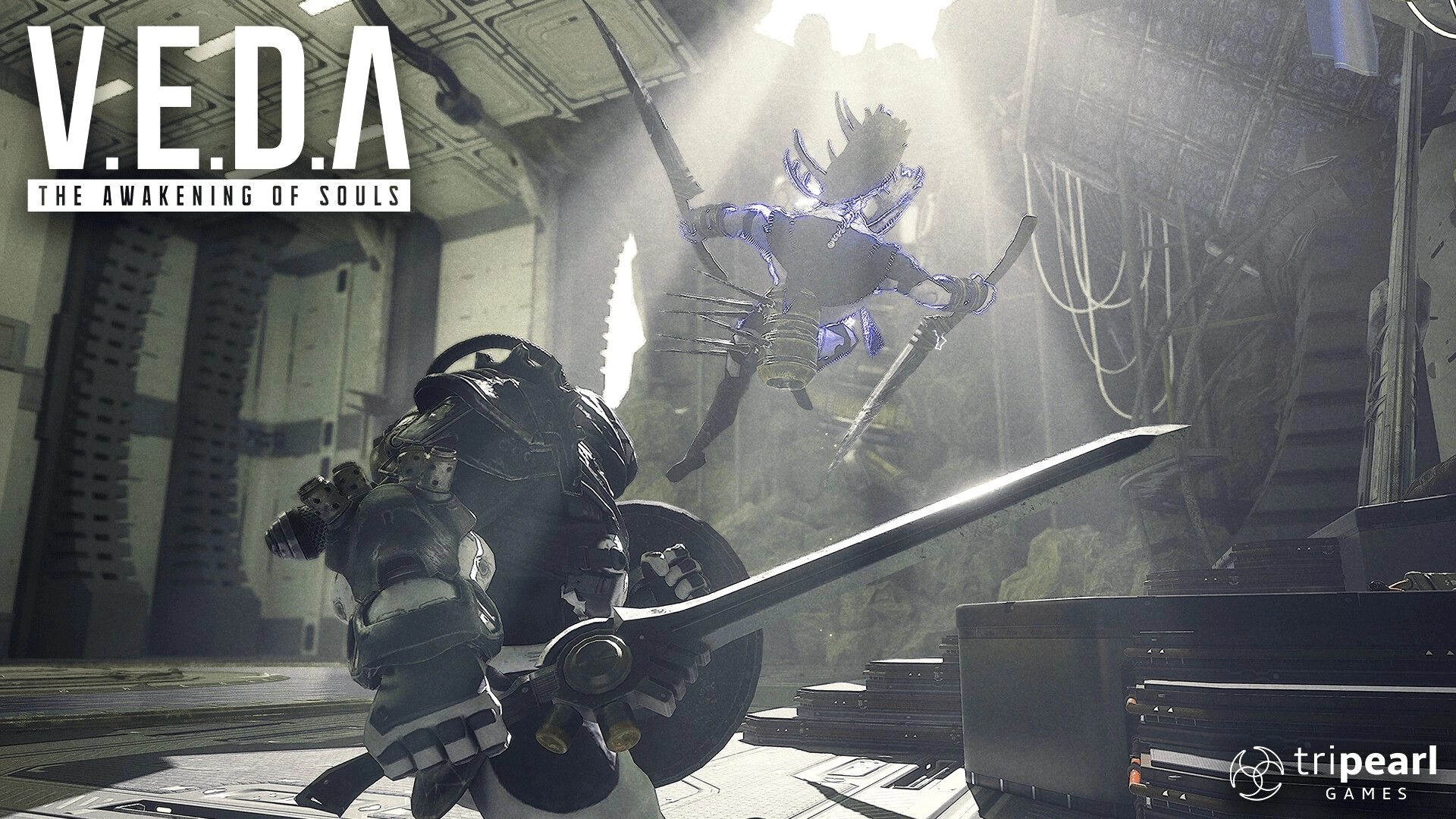 V.E.D.A: Protagonist battles spectral enemy in futuristic training simulator, wielding sword and shield