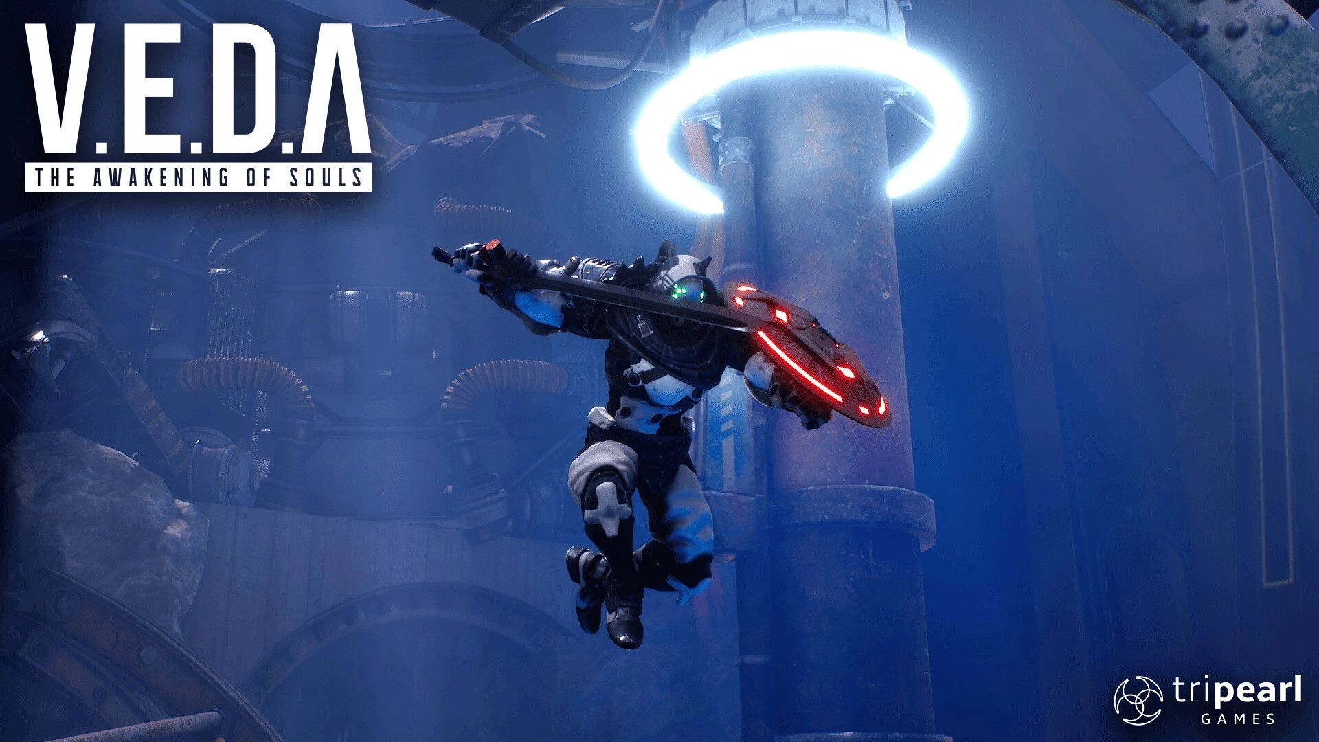 V.E.D.A: Armored protagonist leaps with glowing axe in futuristic training simulator environment.