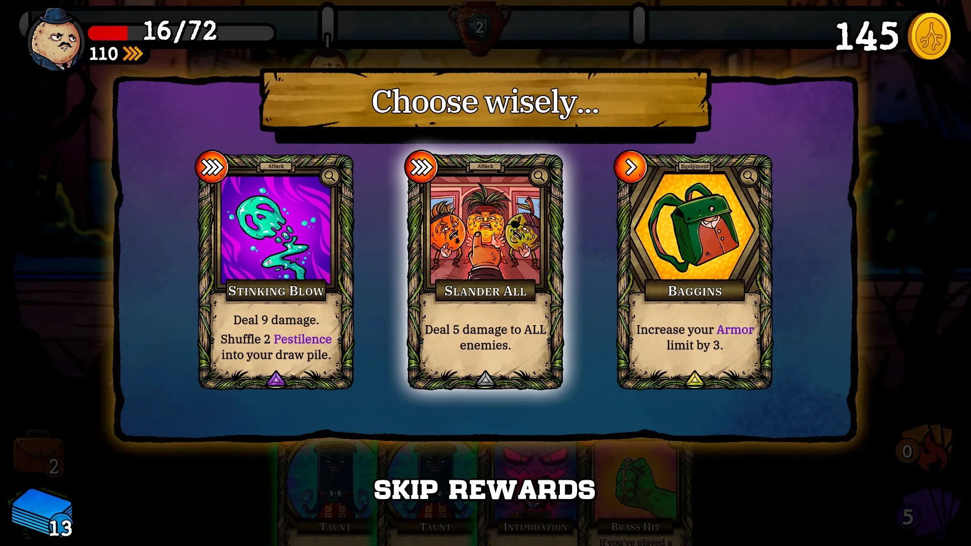 Vegangsters: Card selection screen with options "Stinking Blow," "Slander All," and "Baggins" displayed.