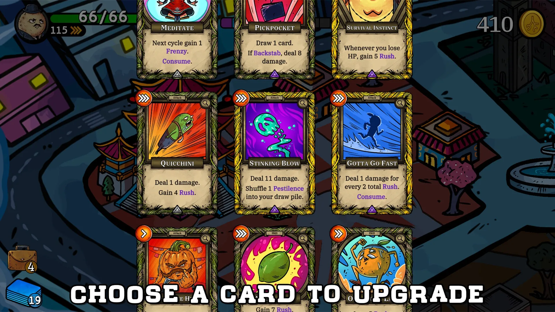 Vegangsters: Card selection screen with options to upgrade in a colorful urban environment.