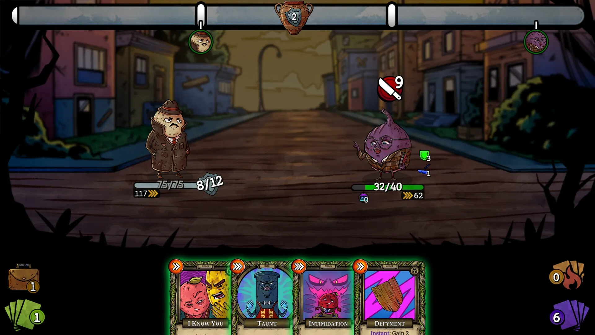 Vegangsters: Turn-based street combat with potato detective versus onion villain, card deck below