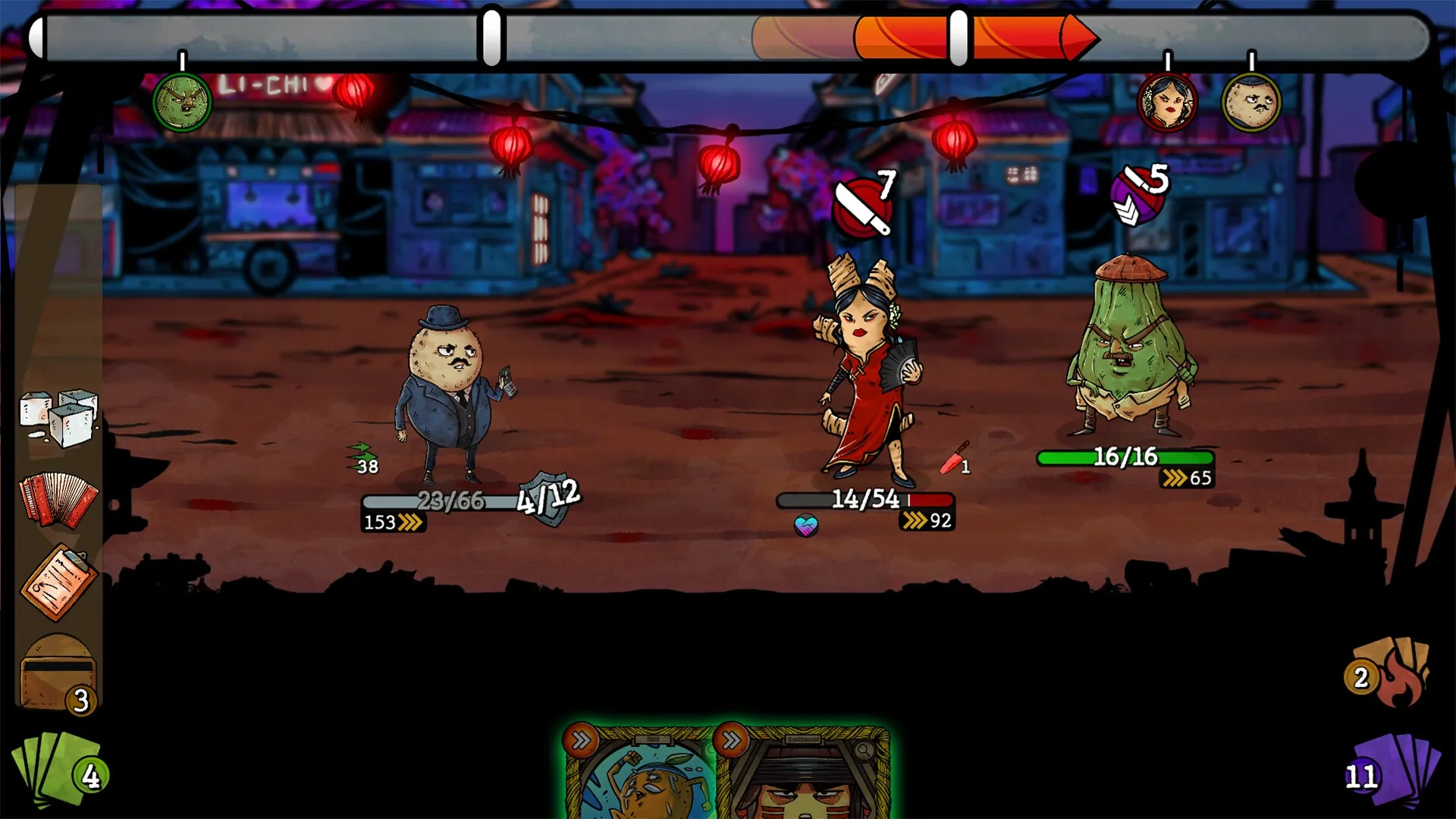 Vegangsters: Intense battle scene with characters and health bars against a vibrant street backdrop
