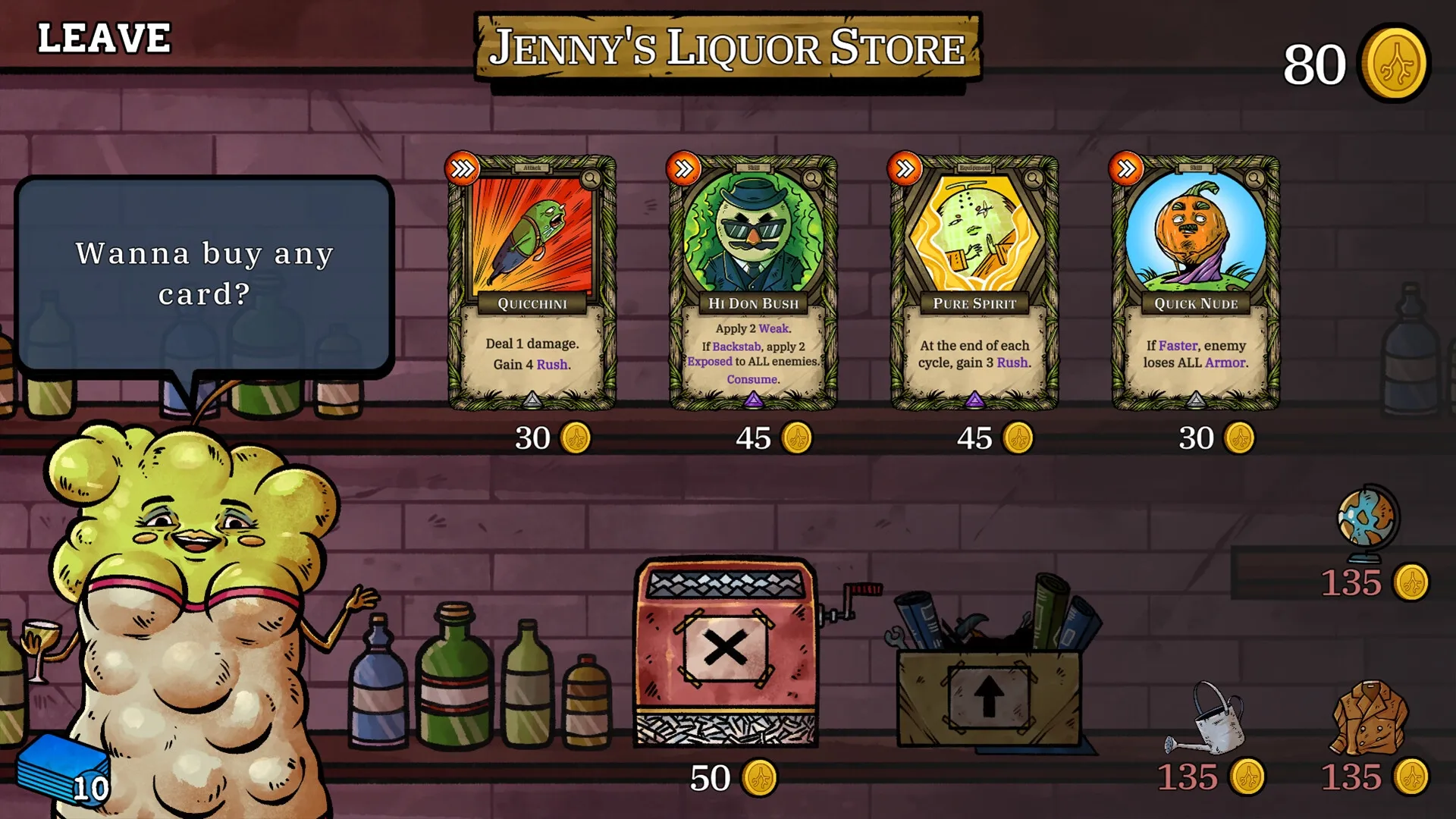 Vegangsters: Jenny's Liquor Store card selection with quirky character and dialogue bubble visible.