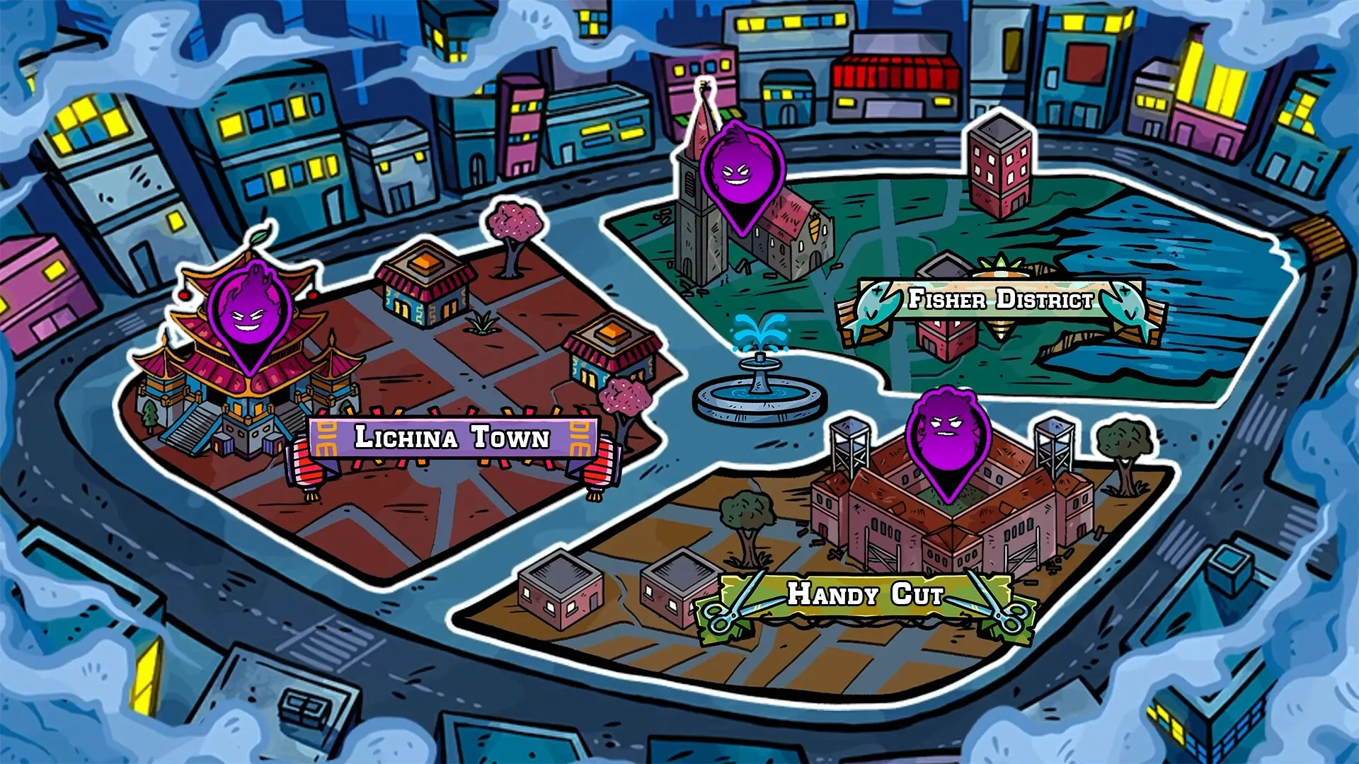 Vegangsters: City map with Lichina Town, Fisher District, and Handy Cut marked by purple character icons.