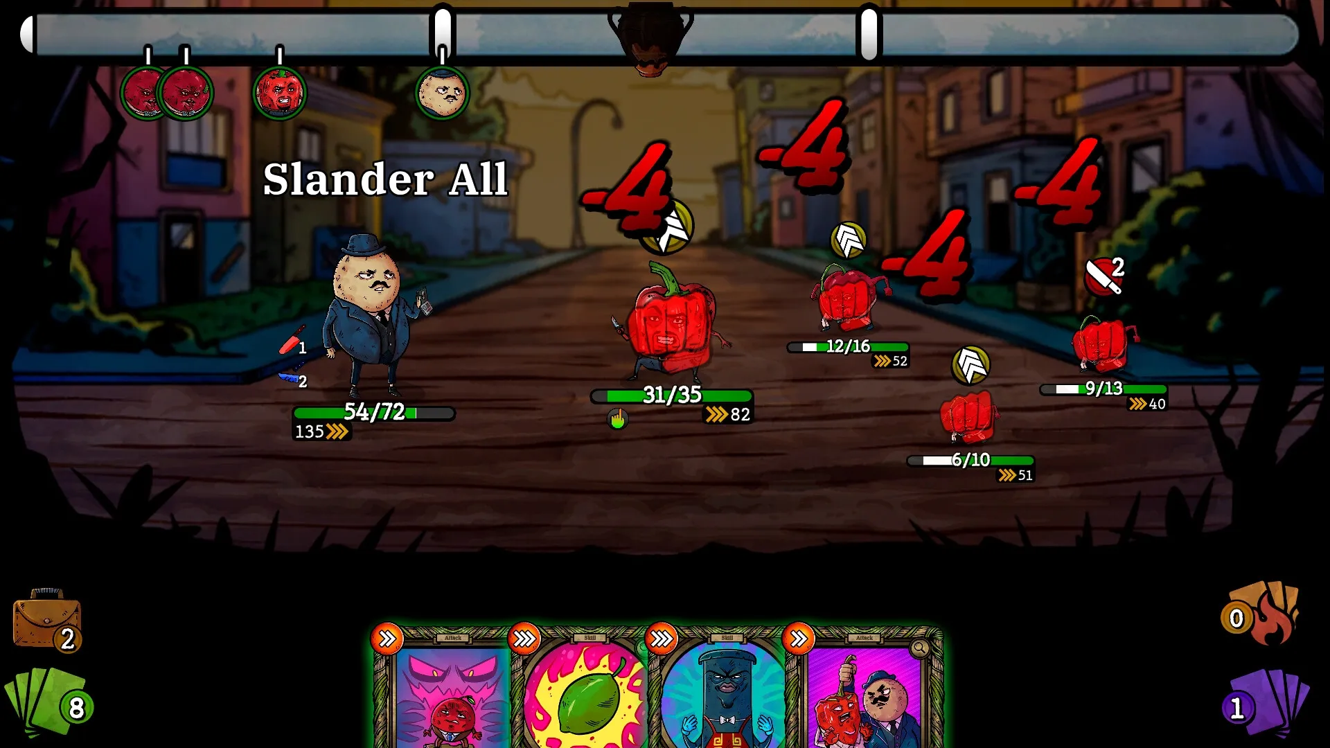 Vegangsters: Turn-based combat with characters using cards in a city street setting