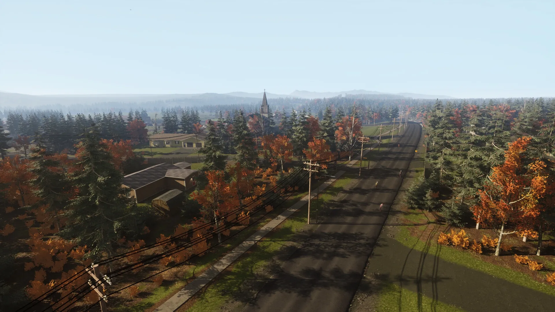 VEIN: Aerial view of a deserted road surrounded by autumn trees and scattered houses in a rural area.