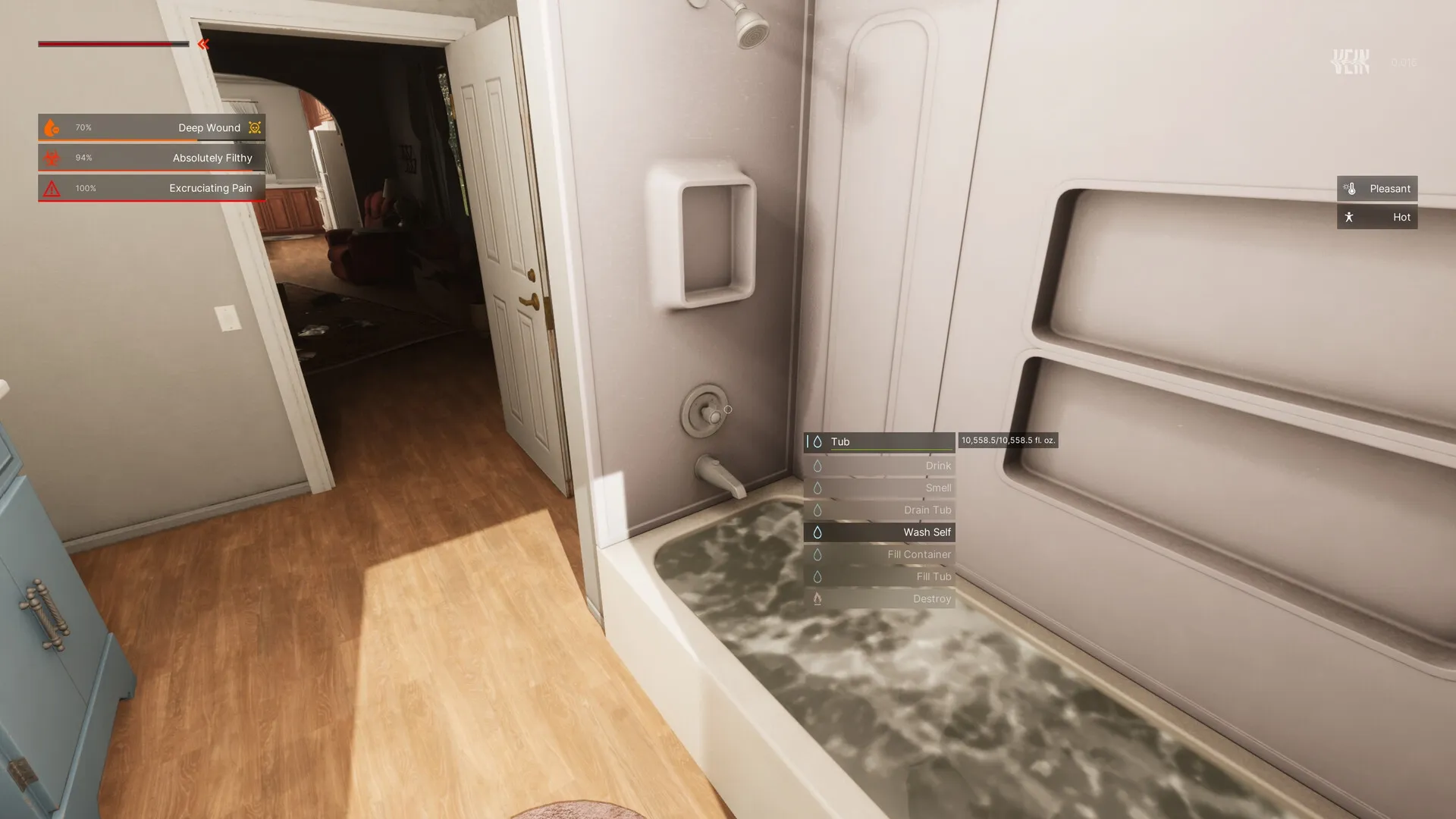 VEIN: Player stands in bathroom, selecting options to wash self in a partially filled bathtub.