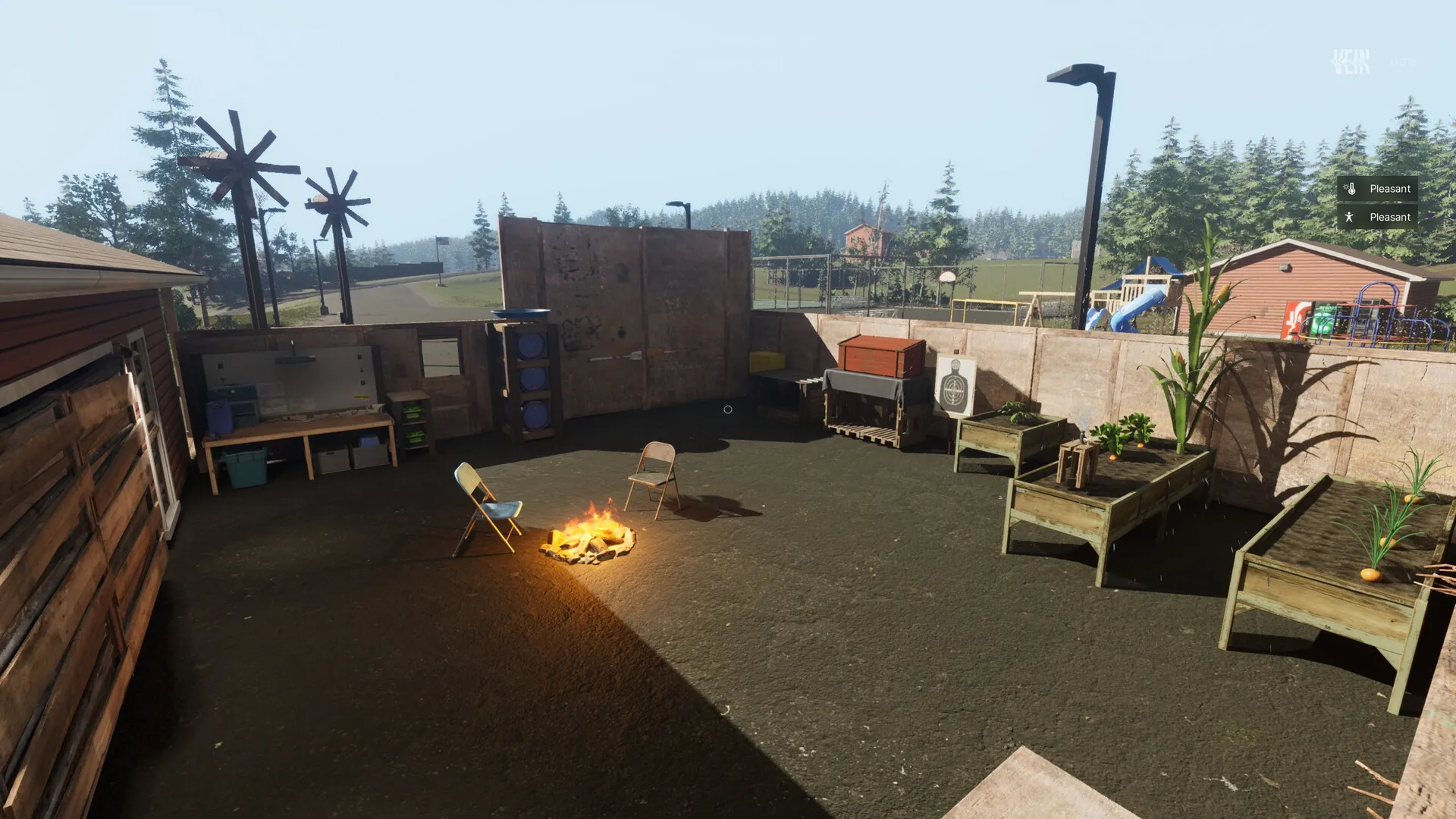 VEIN: Outdoor survival camp with chairs around a fire, planters, and a distant playground visible